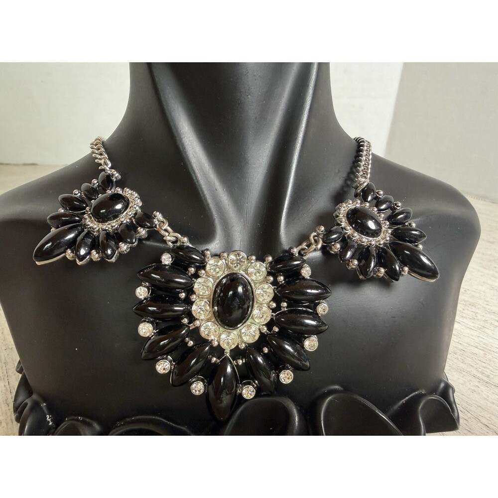 Glossy Black Bead Floral Sunburst Cluster Statement Necklace Clear Rhinestone